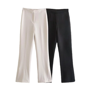 High waist wide leg trousers for women in cream and black smooth suit fabric