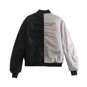 Two-tone bomber jacket in black and light purple with stylish ruched back seam detail