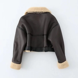 Women's faux shearling aviator jacket in dark brown with cream fleece and belt detail