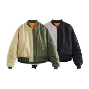 Women Color Block Bomber Jacket Western Style Padded Contrast Panels MA-1 Windproof Loose Zip Up Jacket Outwear