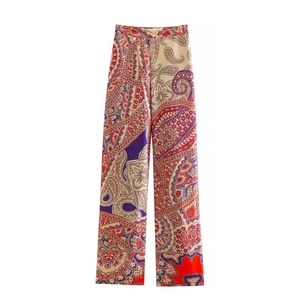 Pantalon large à taille haute avec imprimé cachemire bohème en tissu satiné