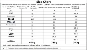 Detailed sizing chart and material specs for the green faux leather padded winter jacket