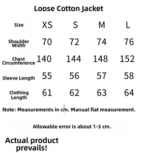 Size chart for women's oversized puffer jacket with shoulder, bust, and sleeve details