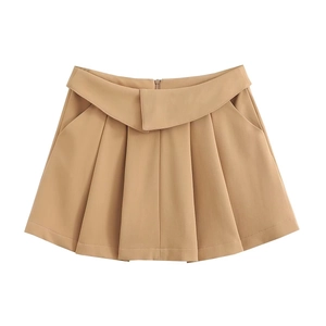 Khaki Faltenrock im Y2K-Stil mit hoher Taille, Umschlagbund und Seitentaschen