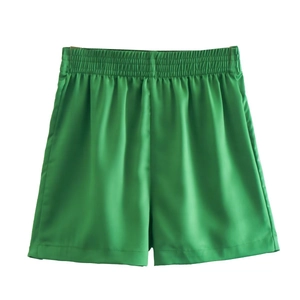 Women's Casual High Waisted Satin Shorts Elastic Smocked Waist Loose Fit Emerald Green Summer Streetwear Shorts For Women