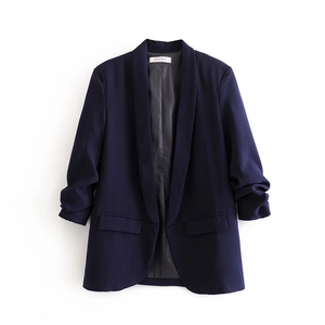 Women's dark blue casual blazer with ruched 3/4 sleeves and smooth shawl collar