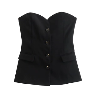 Women's black strapless Y2K vest featuring a heart-shaped neckline and front button closure