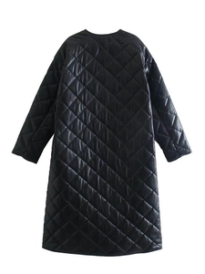 Women's Casual Long Quilted PU Leather Puffer Coat Winter Warm Diamond Pattern Round Neck Streetwear Padded Jacket Outerwear