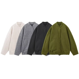 Flat lay of casual unisex fleece pilot jackets in cream, grey, black, and olive green