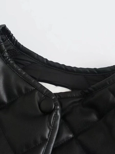 Women's black quilted PU leather mid-length puffer coat with diamond stitch details
