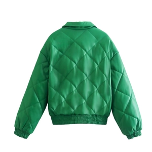 Back view of bright green quilted faux leather puffer jacket with ribbed hem and cuffs