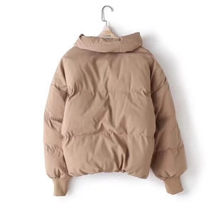 Thick khaki puffer jacket for women with stand collar and loose fit for winter warmth