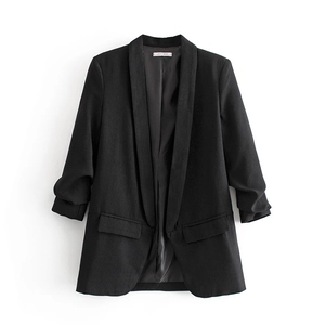 Detail of ruched sleeves and decorative flap pockets on a black shawl collar blazer