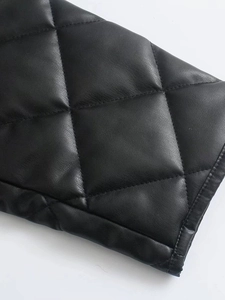 Women's black quilted PU leather jacket with classic diamond stitch pattern