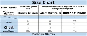 Size chart detail for the Y2K sequin tube top with measurements and fabric composition