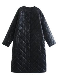 Women black quilted faux leather long coat with classic rhombus pattern and buttons