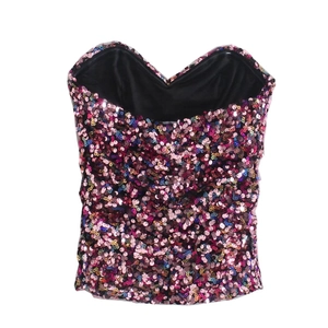 Y2K sequined crop top featuring holographic pink and purple sparkles in a strapless design