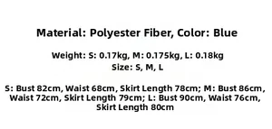 Detailed size chart for blue V-neck halter dress in S, M, L sizes with measurements