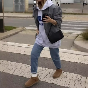 Women's classic chestnut suede mini snow boots for winter casual street style look