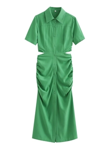Women Sexy Hollow Out Ruched Maxi Dress Summer Lapel Short Sleeve Button Down Solid Color Slim Fit Shirt Dress For Vacation