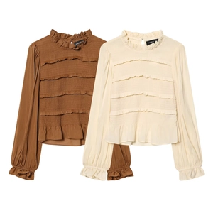 Women Casual Combed Cotton T-Shirt Ruffle High Neck Smocked Long Sleeve Slim Fit Top Retro Elegant Smocking Shirt