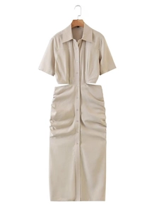 Beige short sleeve shirt dress with waist cut-outs and pleated skirt details