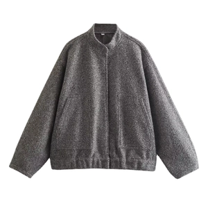 Loose fit grey wool blend bomber jacket with stand collar and large front pockets