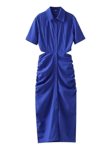 Cobalt blue short sleeve midi dress with shirt collar, waist cut-outs and ruched details