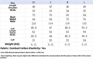 Size chart table for women's slim fit T-shirt with measurements in centimeters