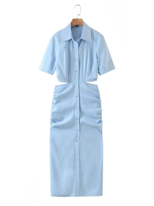 Sky blue short sleeve midi dress with waist cut-outs and ruched button details