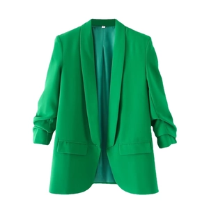 Bright green ruched sleeve blazer for women with shawl collar and open front style