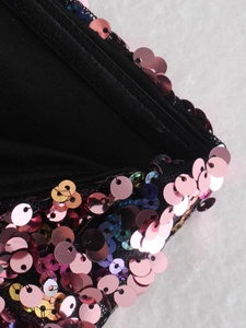 Close-up of pink iridescent sequins on black fabric with delicate lace trim detailing