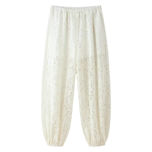 Pantalones de Linterna de Encaje Floral Elegantes para Mujer Cintura Alta Elástica Cónicos Pantalones Casuales de Vacaciones