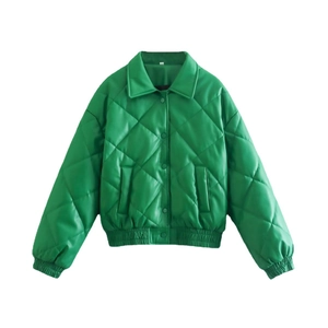 Green quilted PU leather puffer jacket with stand collar and rib cuffs for winter fashion