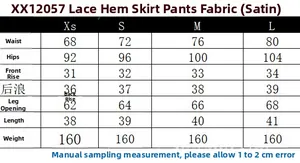 Detailed size chart for lace hem satin skort with waist and hip measurements