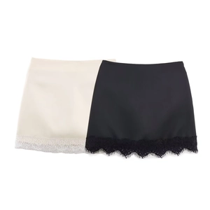 Women Satin Lace Trim Mini Skirt High Waist Chic Solid A-Line Short Skirt Elegant Streetwear Party Bottoms For Girls