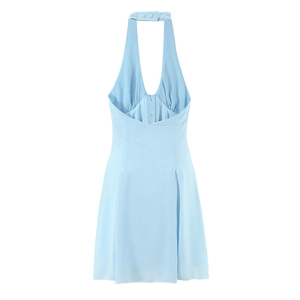 Detail of light blue halter dress showing V-neckline with three matching fabric buttons