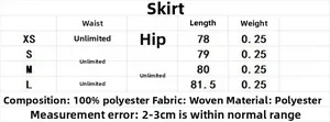 Size chart for women's polka dot skirt showing measurements and 100% polyester fabric