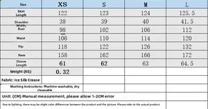 Guide des tailles détaillé pour robe de printemps avec dimensions XS-L et tissu soie