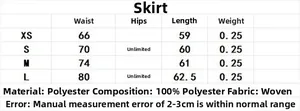 Detailed size chart for polka dot skirt showing measurements and fabric specifications