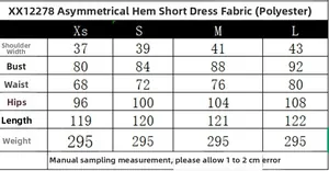 Tableau des tailles détaillé pour la mini robe à ourlet asymétrique, du XS au L