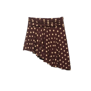 Women Retro Polka Dot Asymmetric Midi Skirt High Waist Pleated Ruched Ruffle Hem Brown Coffee Fashion Half Skirt