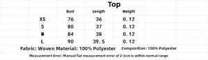 Size chart for polka dot camisole top with chest and length measurements in centimeters