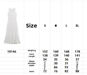 Detailed size chart for the sleeveless white lace maxi dress showing S to XL measurements