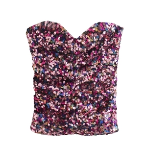 Y2K sequin tube top with V-neck design and colorful sparkling metallic textures