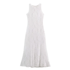 Close-up of the intricate floral lace embroidery on the sleeveless white maxi dress