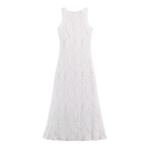 Close-up of white sleeveless lace maxi dress with intricate floral hollow-out patterns