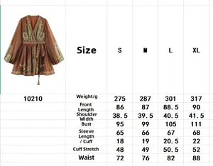 Detailed size chart for boho V-neck printed dress with weight and length measurements
