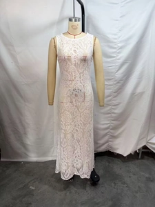 Detailed view of floral crochet lace texture on white sleeveless maxi dress