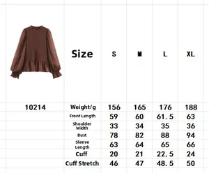 Detailed size chart for long sleeve smocked top with French vintage ruffles for women